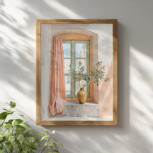 Mediterranean window poster in wooden frame with soft pastel tones and olive branch, hung on white wall