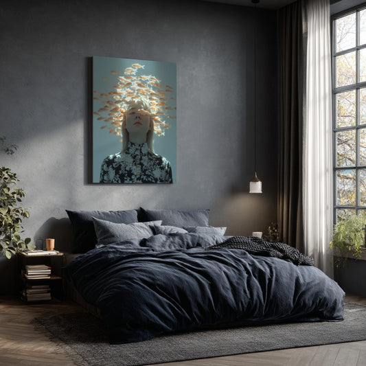 Surreal Woman with School of Fish Canvas Print – AI Generated Surreal Portrait Wall Art