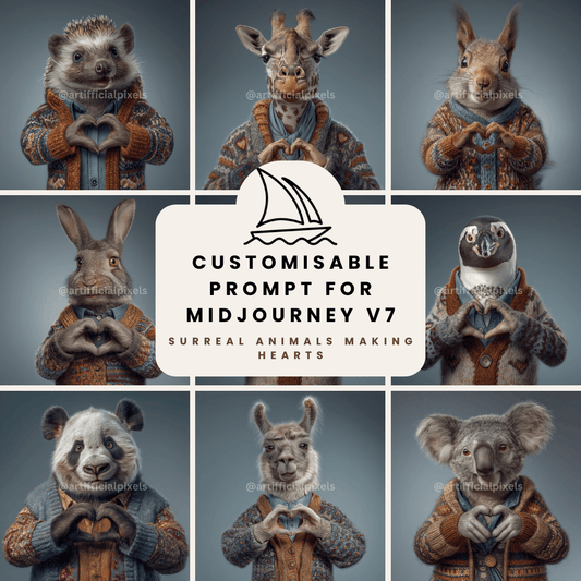 Midjourney AI art prompt pack featuring surreal animals making hearts in knitted jumpers for digital art and print-on-demand

