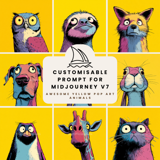 Midjourney AI prompt bundle for creating pop art animal portraits with bold colours and exaggerated features

