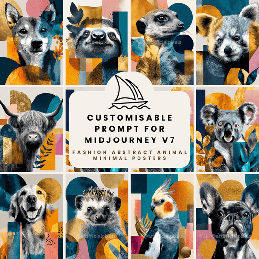Midjourney AI prompt bundle for creating pop art animal portraits with commercial rights and instant download

