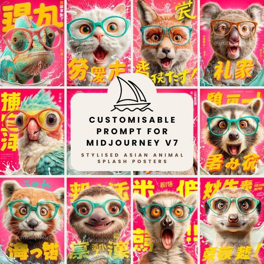 Midjourney AI prompt bundle for creating animal digital art posters and print-on-demand designs

