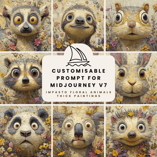 Midjourney AI art prompt for generating wide-eyed animal portraits with bold brushstrokes and vibrant floral backgrounds

