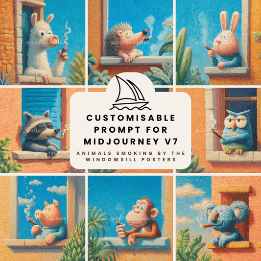 Midjourney V7 prompt template for creating cartoon animals smoking in whimsical crayon art style for digital artists and print-on-demand

