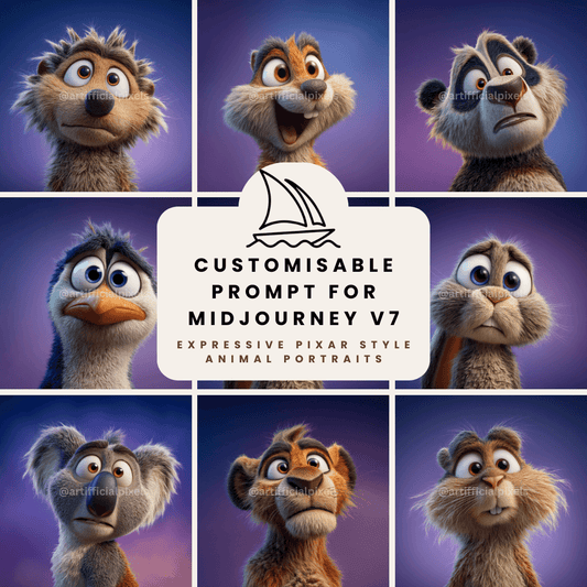 Midjourney prompt pack collage showcasing Pixar style cute animal 3D portraits with expressive eyes and vibrant colours.