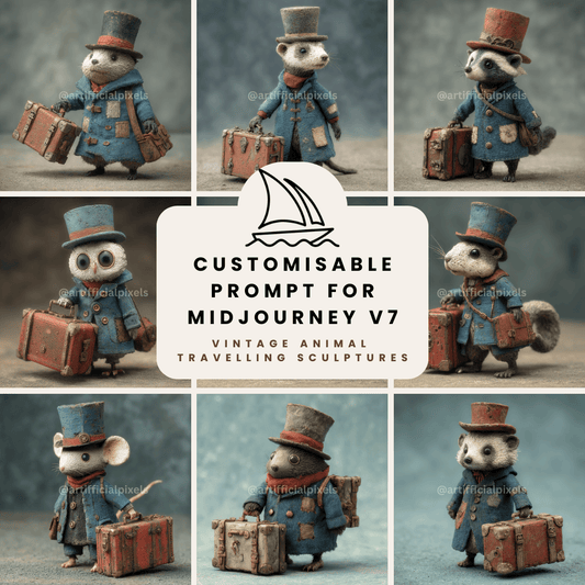 Midjourney V7 prompt bundle for creating whimsical vintage animal sculptures with handcrafted 1940s aesthetic and commercial rights

