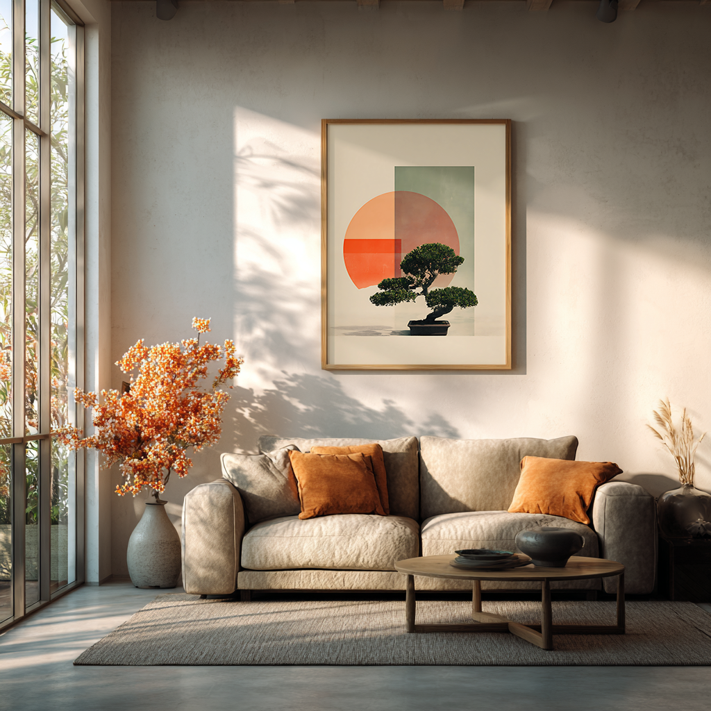 Minimalist Japanese bonsai poster print displayed in contemporary living room setting with modern furniture and neutral color palette

