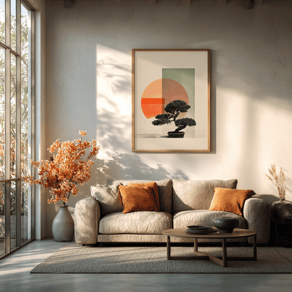 Minimalist Japanese bonsai poster print displayed in contemporary living room setting with modern furniture and neutral color palette

