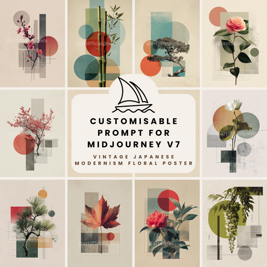 Minimalist Japanese geometric botanical art Midjourney prompt pack for creating stunning poster designs

