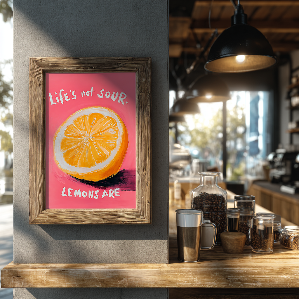 Motivational lemon artwork with playful typography displayed on coffee shop wall showcasing modern visual art print

