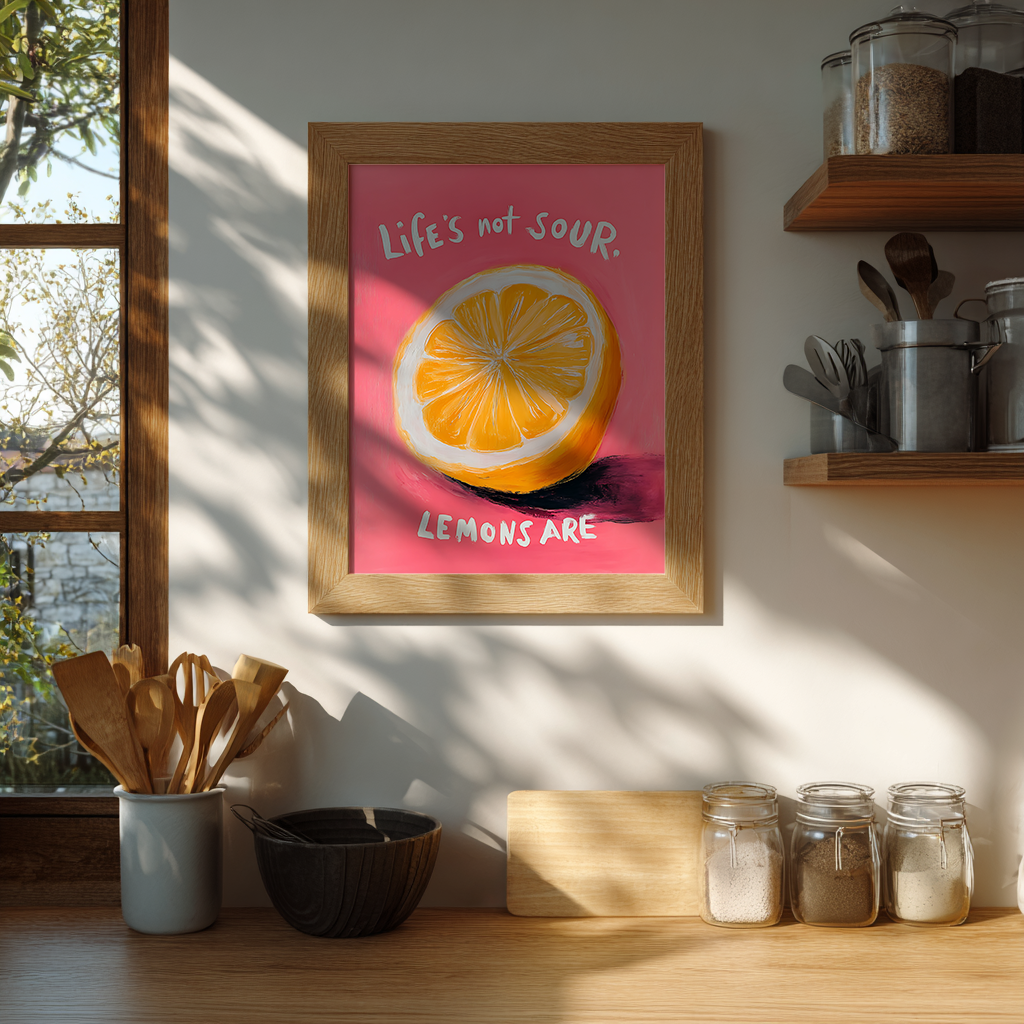 Motivational lemon artwork with bright yellow and pink colours displayed in minimalist kitchen for contemporary wall decor

