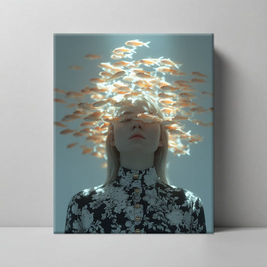 Surreal Woman with School of Fish Canvas Print – AI Generated Surreal Portrait Wall Art