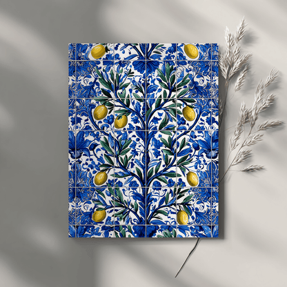 Olive branch azulejo poster print on neutral grey background

