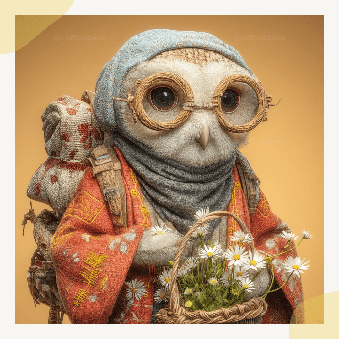 Owl poster in whimsical traveller style with woven glasses and warm autumn tones. Fantasy animal artwork made with Midjourney Prompt.
