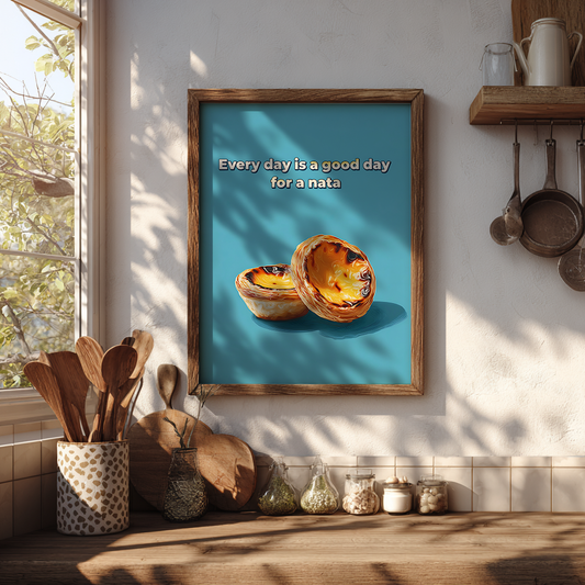 Pastel de nata poster styled in a bohemian eclectic kitchen setting with warm wooden accents, foodie wall decor mockup.