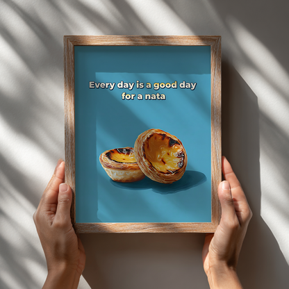 Food art print of pastel de nata custard tarts in a wooden frame, handheld front view, quirky kitchen wall poster mockup.
