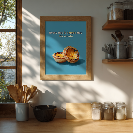 Portuguese pastel de nata poster styled in a minimalist kitchen with natural decor, modern foodie wall art mockup.