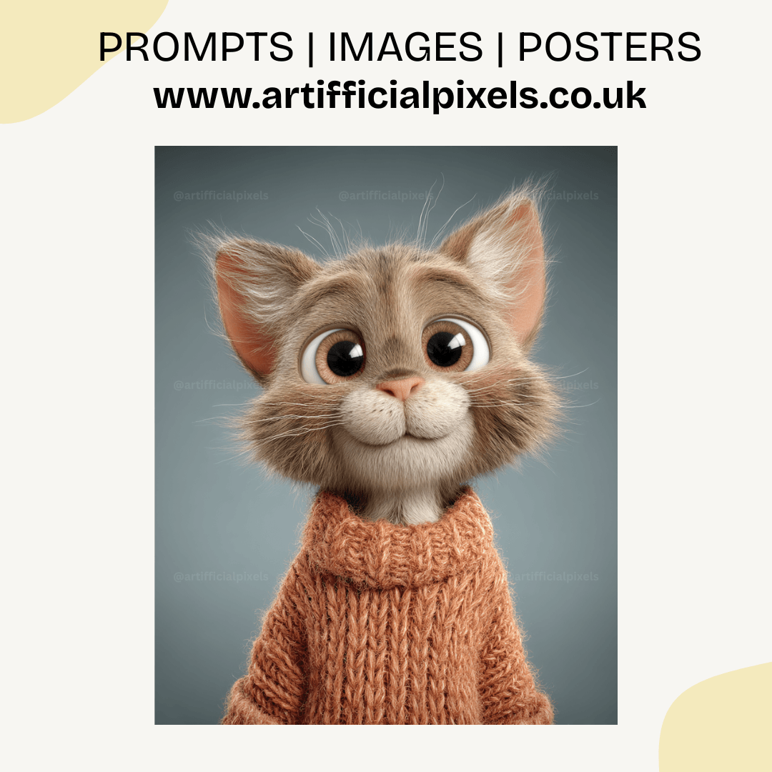 Expressive Pixar-style cat wearing cosy autumn orange jumper whimsical character art for branding

