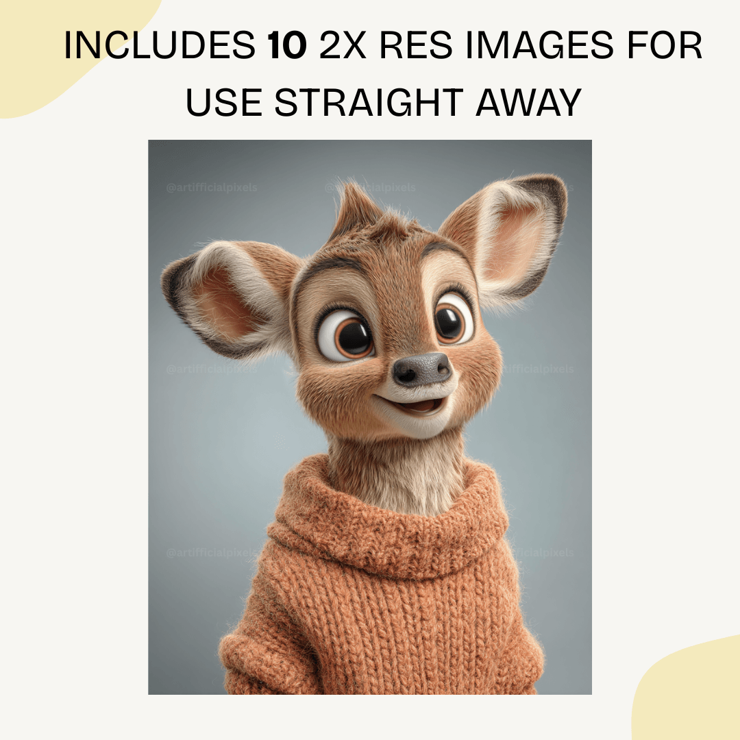 Cute Pixar-style deer in cosy autumn orange sweater 3D character illustration for digital artists


