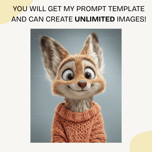 Adorable Pixar-style fox wearing orange knitted autumn jumper 3D digital art for print-on-demand

