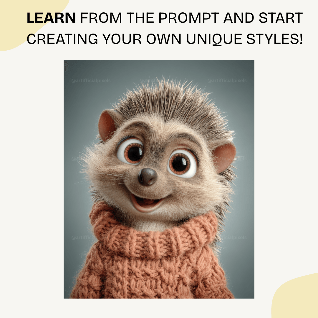 Charming Pixar-style hedgehog wearing orange knitted jumper autumn character design for commercial use

