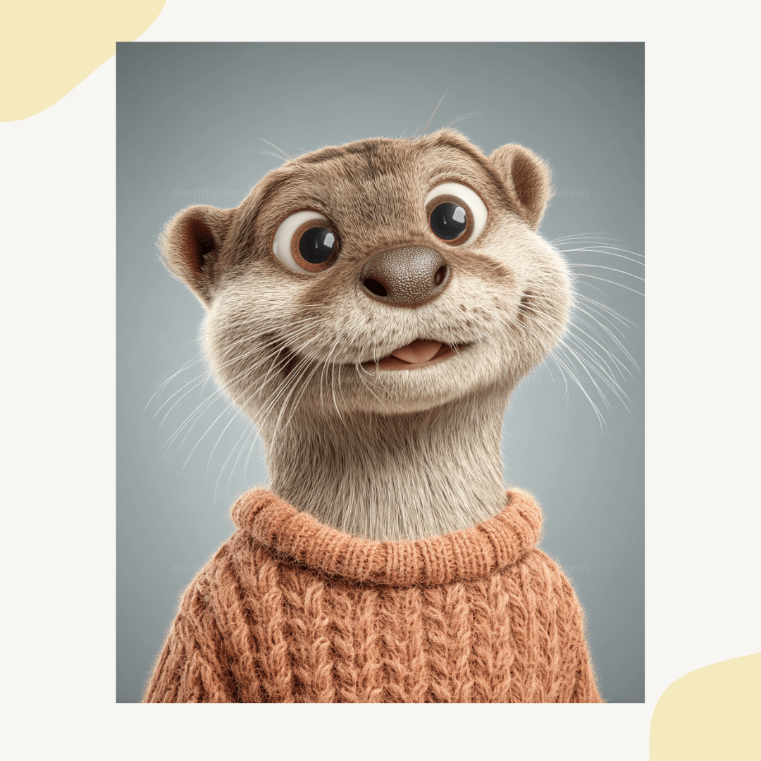 Playful Pixar-style otter in orange knitted autumn sweater digital character art for wall decor


