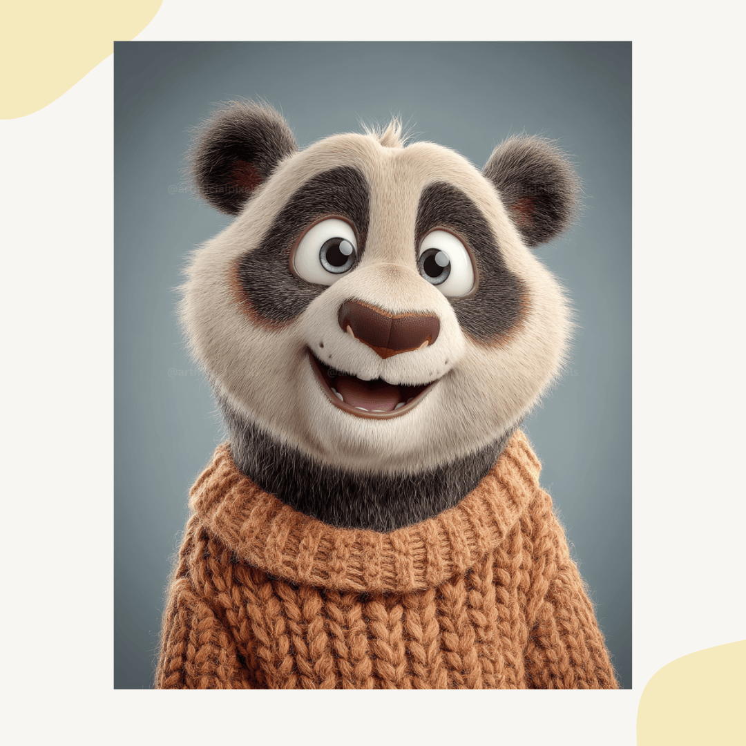 Adorable Pixar-style panda in cosy autumn orange sweater cute digital art for social media content

