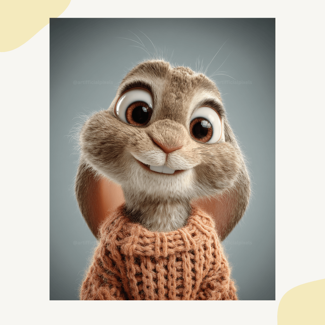 Loveable Pixar-style rabbit wearing orange autumn jumper seasonal 3D character design for creators

