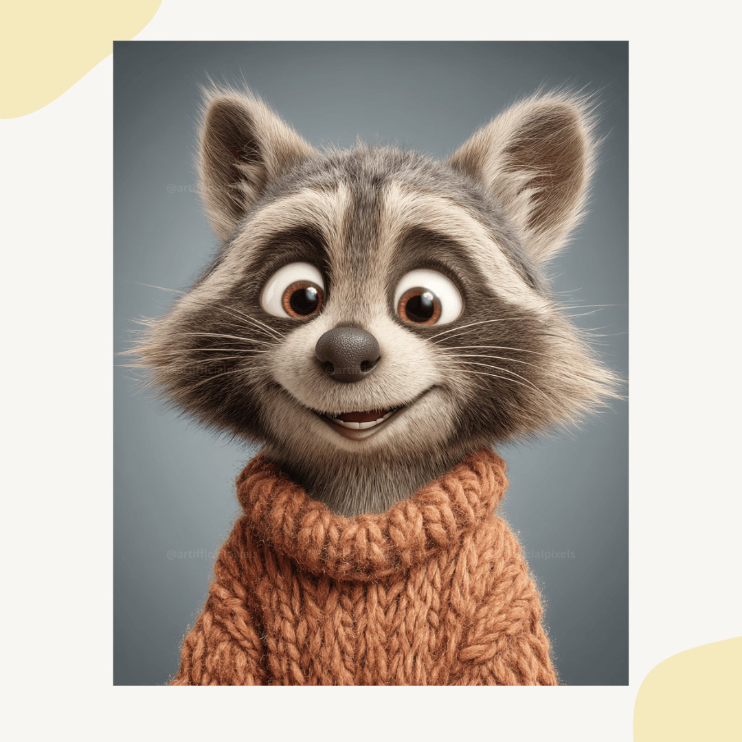 Mischievous Pixar-style raccoon wearing orange knitted autumn jumper character illustration for packaging

