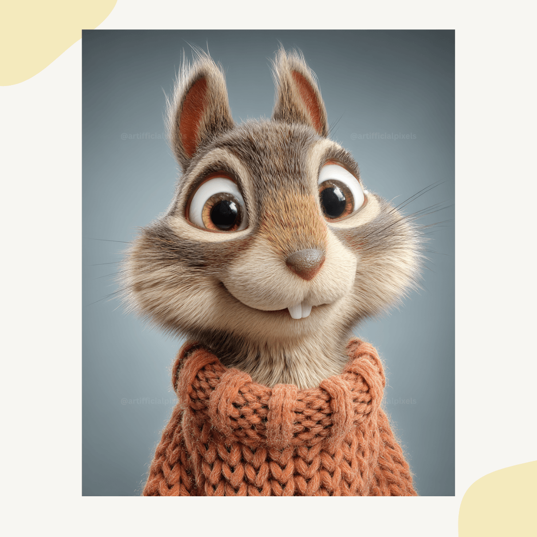 Cheerful Pixar-style squirrel in orange autumn sweater 3D digital character art for print products

