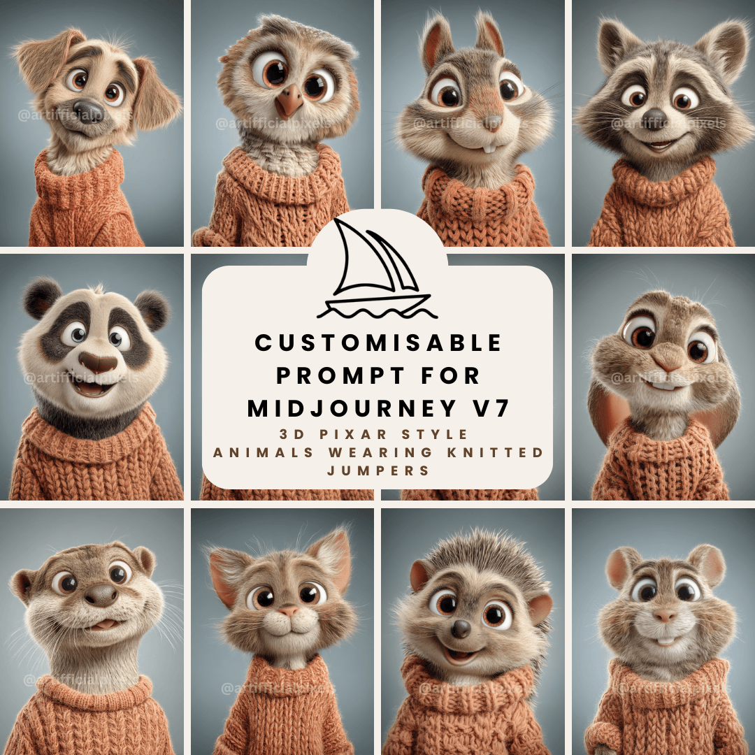 Pixar-style 3D animals wearing cosy autumn orange jumpers digital art collection for Midjourney prompts

