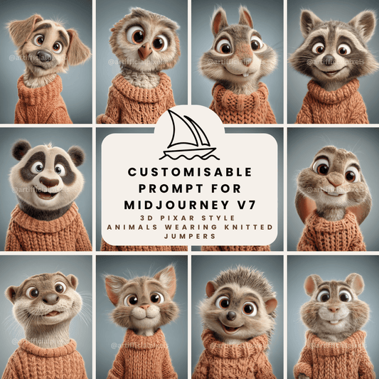 Pixar-style 3D animals wearing cosy autumn orange jumpers digital art collection for Midjourney prompts


