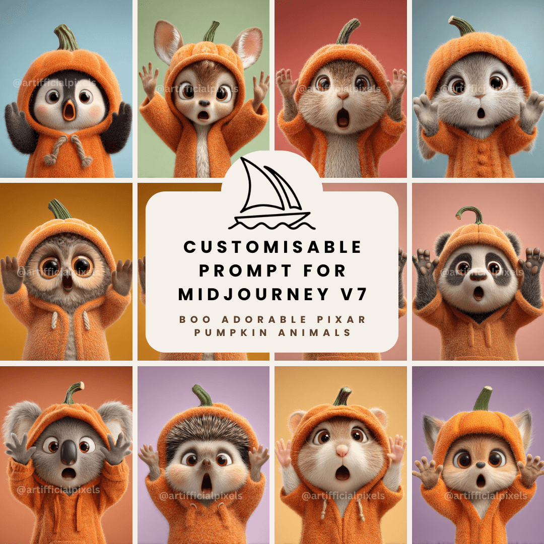 Pixar-style cute animals in pumpkin costumes collection showing customizable Midjourney AI prompt examples for Halloween digital art


