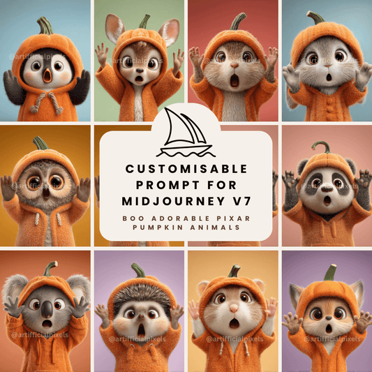 Pixar-style cute animals in pumpkin costumes collection showing customizable Midjourney AI prompt examples for Halloween digital art

