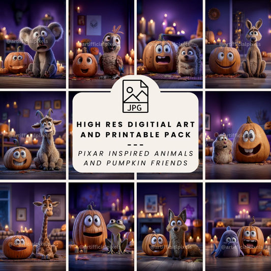 Front cover collage of Pixar-style animals and goofy pumpkins digital art printable pack, featuring high resolution whimsical illustrations for seasonal wall art and downloads.