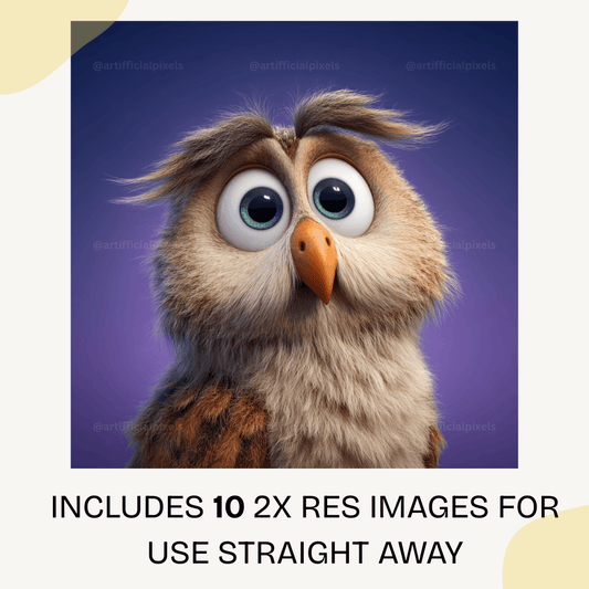 Pixar style 3D owl portrait with oversized expressive eyes and purple-blue cinematic background.