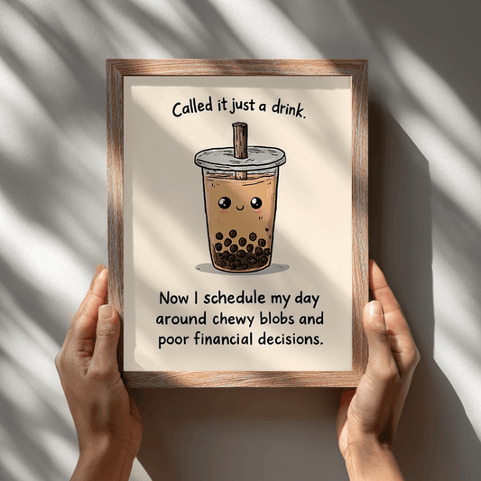 Playful kawaii bubble tea artwork print held in wooden frame showing wall decor visual art detail
