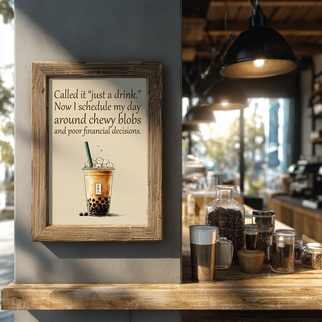 Playful bubble tea poster featuring quote about boba lifestyle displayed as wall art in modern coffee shop

