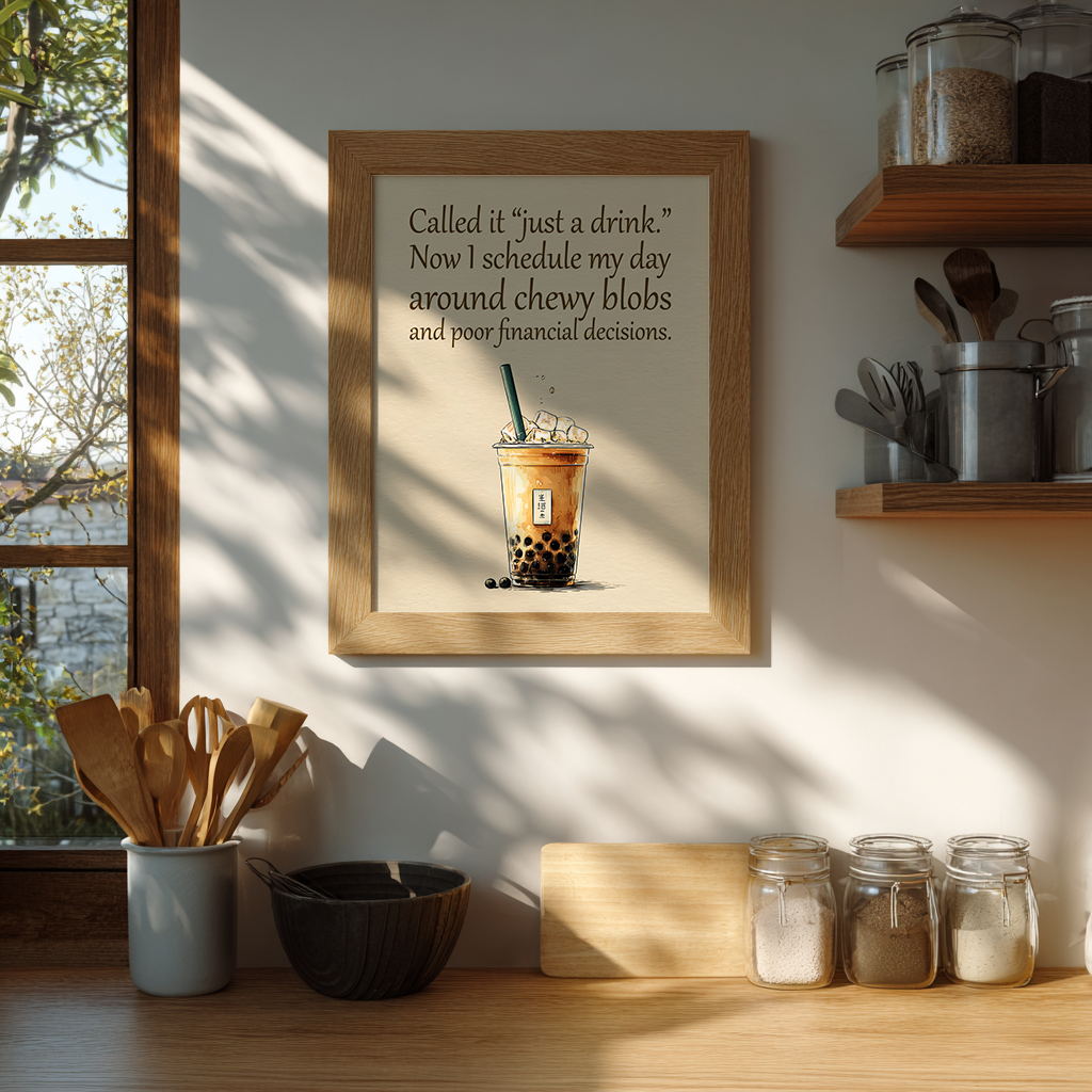 Playful bubble tea quote print featuring boba lifestyle message displayed as wall art in minimalist kitchen

