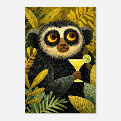 AI artwork poster of playful lemur holding cocktail in vibrant tropical jungle scene