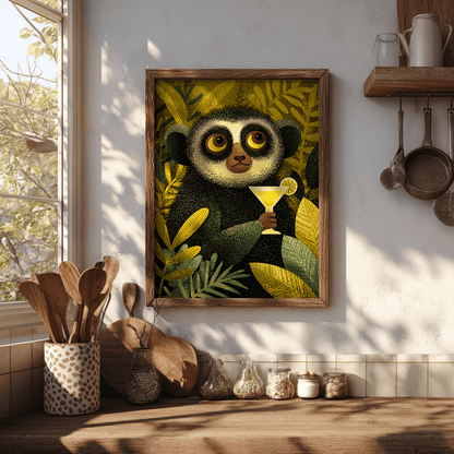 Playful lemur with margarita poster displayed in boho eclectic kitchen with natural textures and warm lighting