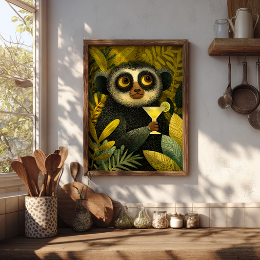 Playful lemur with margarita poster displayed in boho eclectic kitchen with natural textures and warm lighting