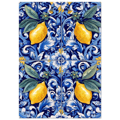 Classic Mediterranean ceramic tile pattern with hand-painted lemon illustrations