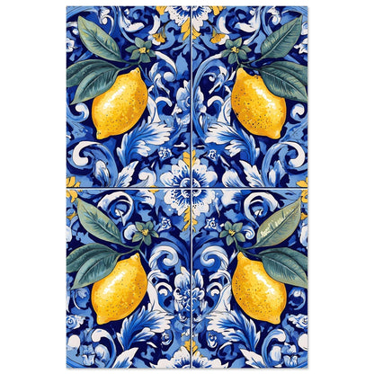 Vintage Portuguese azulejo ceramic tile with detailed lemon and foliage design