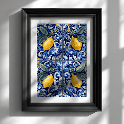 Portuguese ceramic tile poster with lemons in elegant black frame on white wall