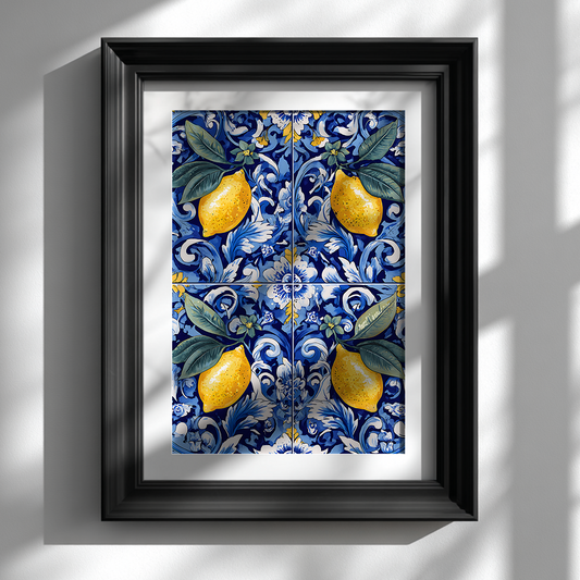 Portuguese ceramic tile poster with lemons in elegant black frame on white wall