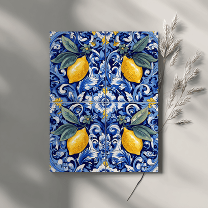 Traditional Portuguese ceramic tile pattern with yellow lemons on grey background