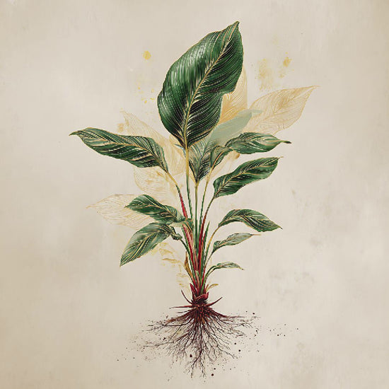Calathea botanical poster with detailed root system illustration displayed as a video