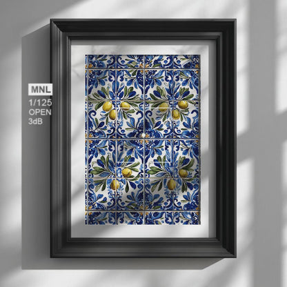 Hand-Painted Azulejo Olive Branch Poster with Blue Floral Design