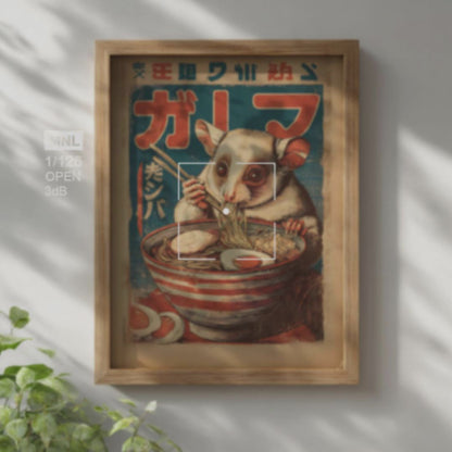 Vintage Ramen Poster with Kinkajou Illustration and Japanese Style